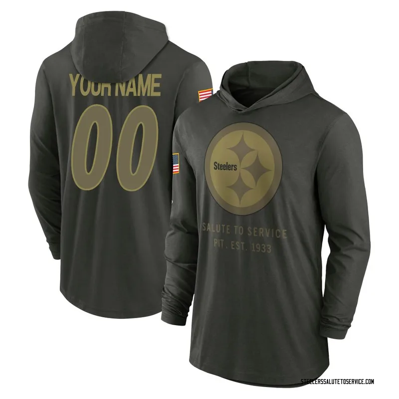 Men's Custom Pittsburgh Steelers Green Forest/ 2025 Salute to Service Sideline Lightweight Hooded Pullover Long Sleeve T-Shirt