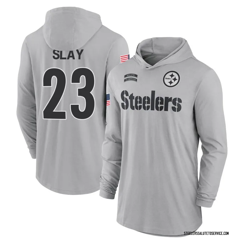 Men's Darius Slay Pittsburgh Steelers Gray 2024 Salute to Service Lightweight Performance Long Sleeve Hooded T-Shirt