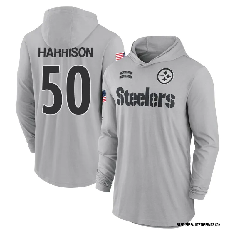 Men's Malik Harrison Pittsburgh Steelers Gray 2024 Salute to Service Lightweight Performance Long Sleeve Hooded T-Shirt