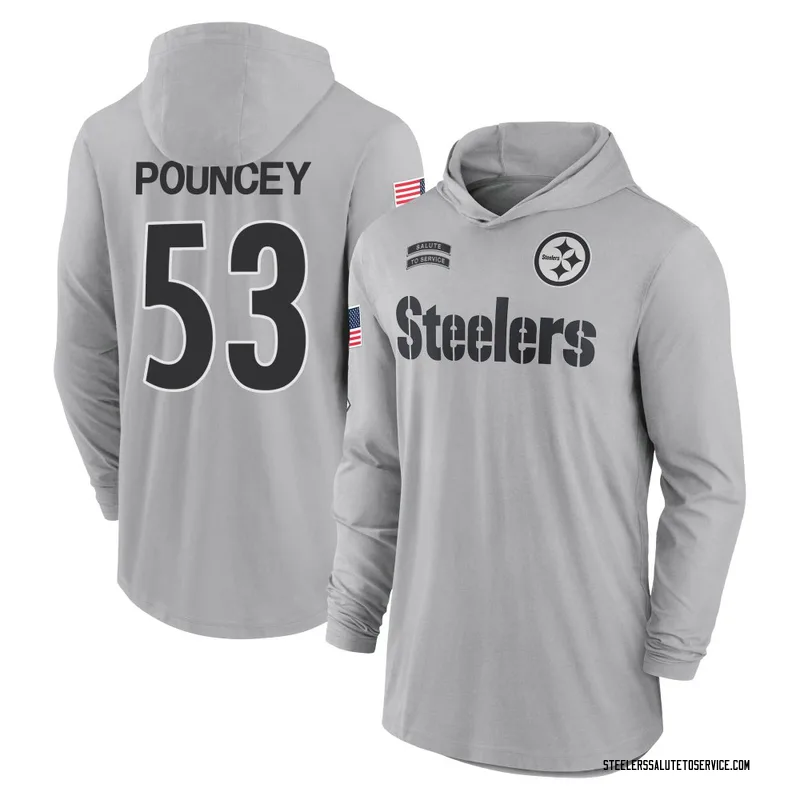 Men's Maurkice Pouncey Pittsburgh Steelers Gray 2024 Salute to Service Lightweight Performance Long Sleeve Hooded T-Shirt
