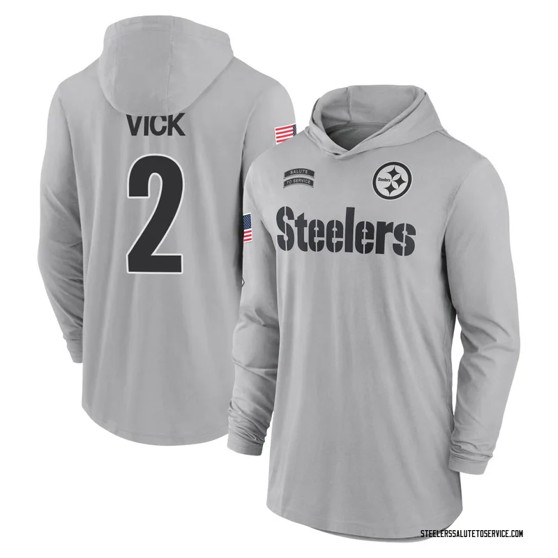 Men's Mike Vick Pittsburgh Steelers Gray 2024 Salute to Service Lightweight Performance Long Sleeve Hooded T-Shirt