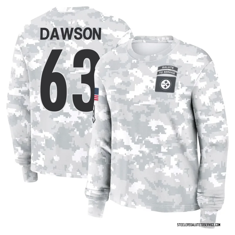 Women's Dermontti Dawson Pittsburgh Steelers Camo Arctic 2024 Salute to Service Long Sleeve T-Shirt