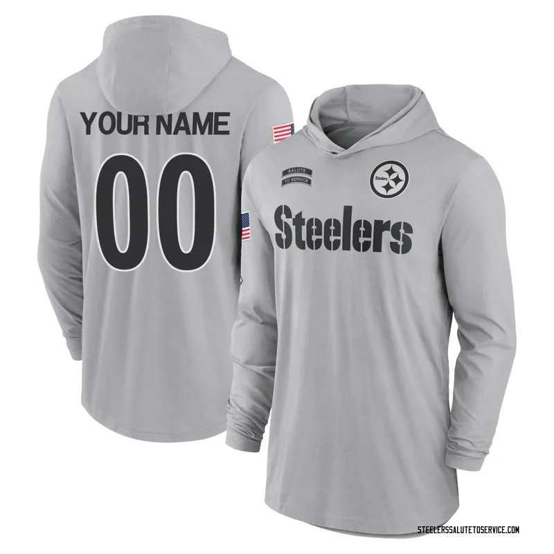 Youth Custom Pittsburgh Steelers Gray 2024 Salute to Service Lightweight Performance Long Sleeve Hooded T-Shirt